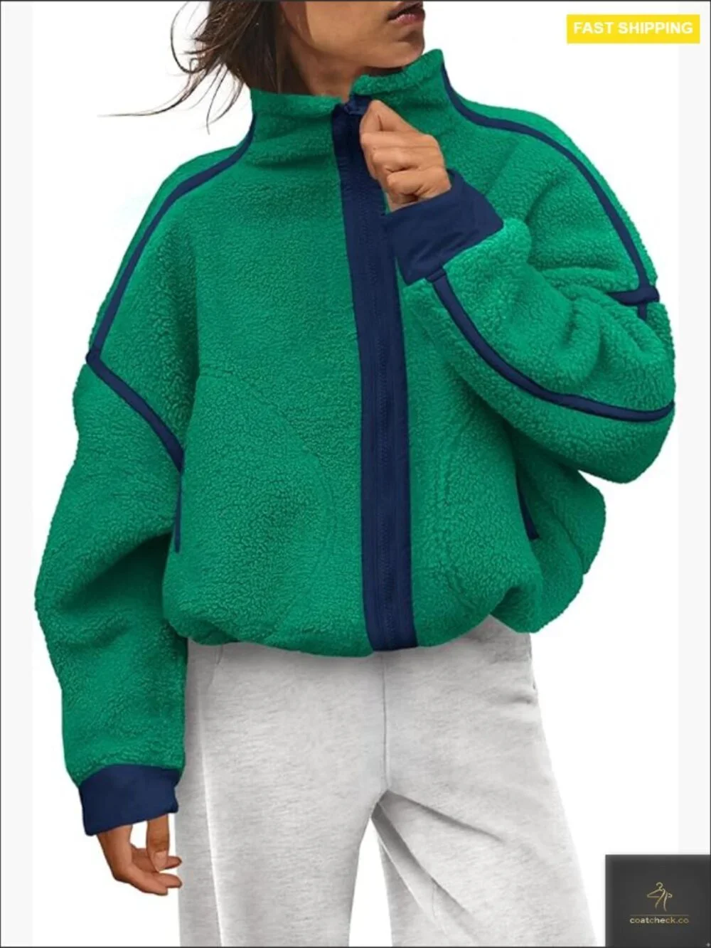 Oversized Mock Neck Sherpa Fleece Zip Up Jacket Women Long Sleeve Cozy Pockets